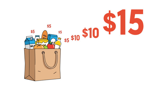 Flat 2D illustration of a grocery bag with various items and price tags in a crisis of inflation with rising costs.