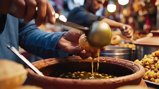 Serving Pani Puri Quickly Street Food Action Close Up