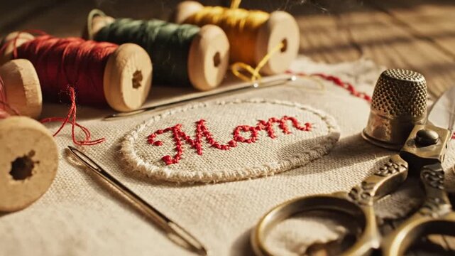 A heartwarming video showcasing a handmade embroidered 'Mom' patch surrounded by sewing supplies and jewelry on a wooden table.