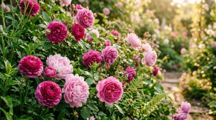 Fototapeta premium Lush garden path lined with vibrant pink and deep magenta roses in soft morning sunlight