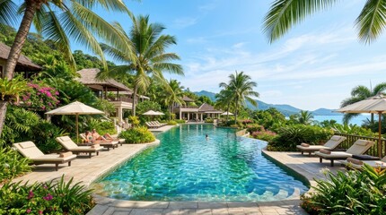 Fototapeta premium Luxury tropical resort infinity pool with palm trees and ocean view