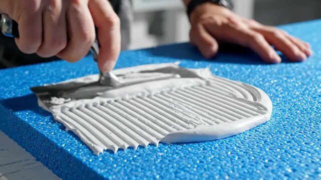 Close-up of a worker applying tile adhesive to an insulation board. Hand using a notched trowel to spread mortar on a blue polystyrene foam panel. Construction and renovation process