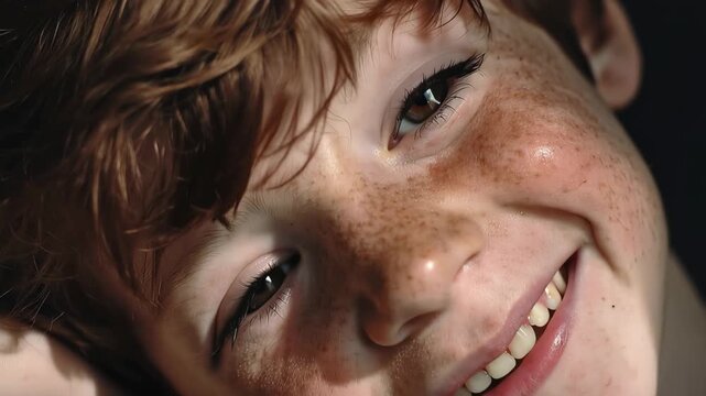 Closeup portrait of a smiling dark-haired boy with freckles in a cozy indoor setting during the late afternoon, capturing joy and innocence