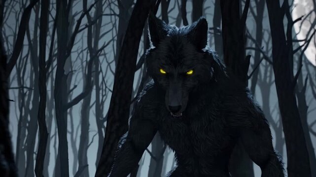 Mysterious wolf creature in dark forest under full moon. Majestic atmosphere creates tension and intrigue. Enigmatic figure embodies nature's wild beauty.