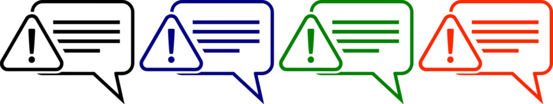 Four speech bubble alert icons black blue green orange with exclamation mark symbol