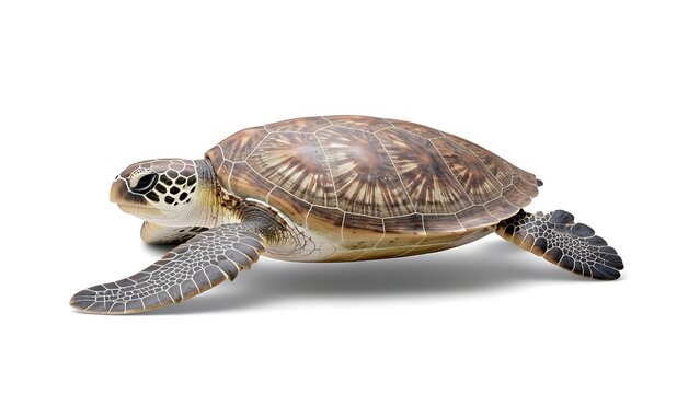 Green sea turtle with a patterned shell, isolated on a white background, side view