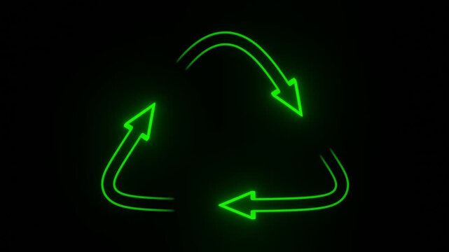 green neon glowing recycling triangle arrows rotating seamless loop on dark black background