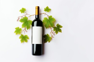 Naklejka premium Dark wine bottle featuring a blank label surrounded by green vine leaves on a white background