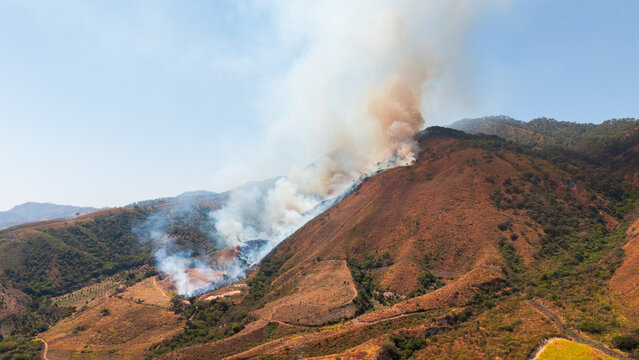Aerial view of raging wildfire and air pollution in tepic nayarit, mexico