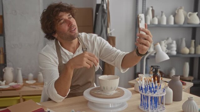 Man paints a glazed ceramic cup on a pottery wheel while holding a phone to record and using a small brush in an artist studio; concentration.