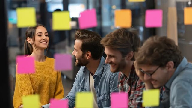 Business professionals collaborate during a meeting in a modern office using colorful sticky notes to brainstorm and share ideas