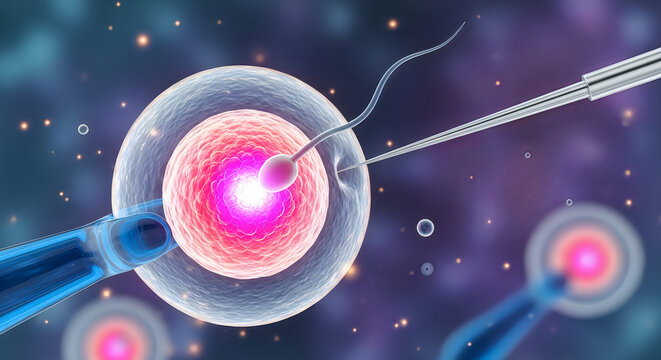 Microscopic view of an egg cell being fertilized with a pipette in vitro