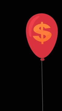 Animated hand popping a red balloon with a dollar sign, representing inflation or market crash. Chroma key.