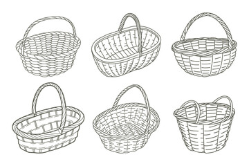 Obraz premium Set of hand drawn wicker baskets isolated on white background. Sketch.