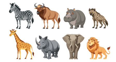 Fototapeta premium African animal collection. Wildlife set. African giraffe, rhinoceros, elephant, hippopotamus, zebra, lion, hyena. Illustration.