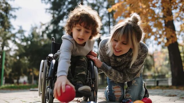 Mother and child with cerebral palsy playing ball in a park during autumn surrounded by colorful leaves