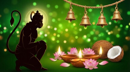 Naklejka premium Lord Hanuman Silhouette Vector with Diya Lamps, Lotus Flowers, Temple Bells, and Coconut for Hanuman Jayanti and Hindu Festivals Background