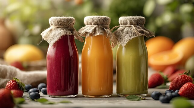 Three glass bottles of colorful juice surrounded by fresh fruits on a table