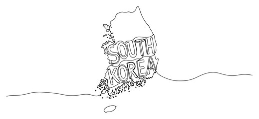 Minimalist continuous one line drawing of South Korea map with country name typography © InsomniaVideo
