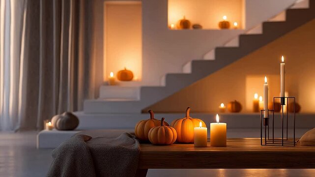Cozy indoor scene with pumpkins and candles