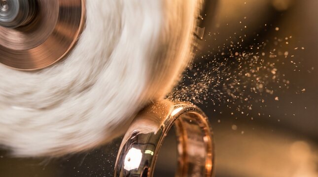 Goldsmith polishing a rose gold wedding band using a high speed buffing machine with flying particles, jewelry manufacturing, craftsmanship, workshop scene.