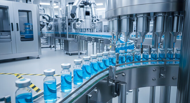 Pharmaceutical manufacturing process with blue liquid vials on production line in a factory