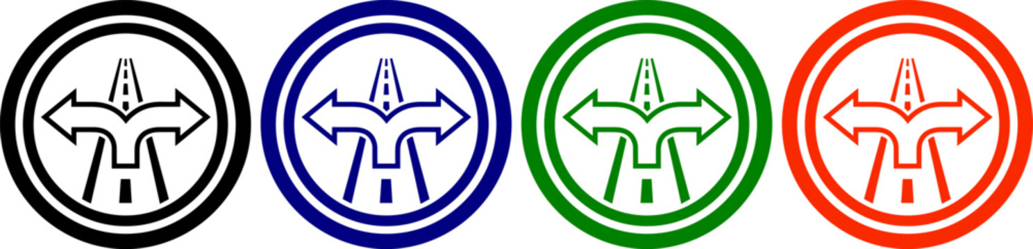 Road junction choice icons black blue green orange decision making symbol for direction