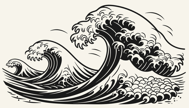 Stylized illustration of powerful ocean waves, capturing the concept of nature's raw force and fluid motion in dynamic black and white detail