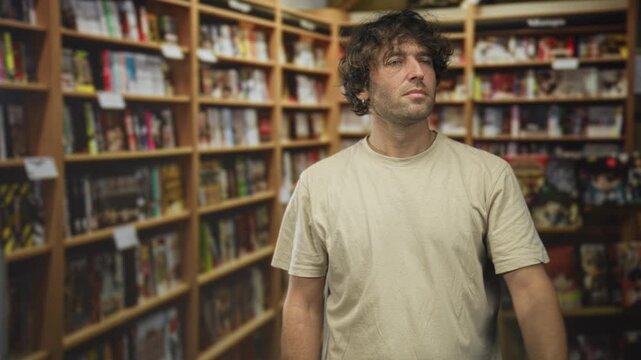 Hispanic man points with outstretched arm to books on a shelf inside a comic store building; contemplation.