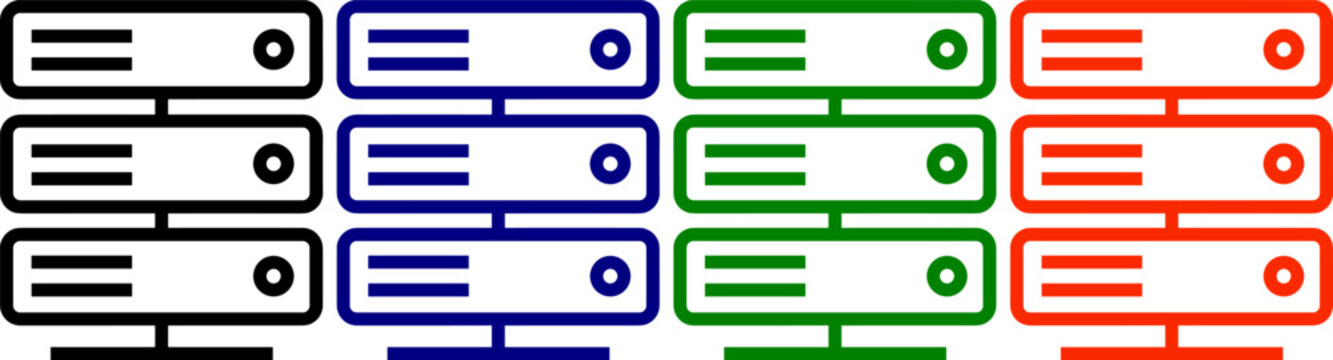 Server rack computer hardware icons vector set black blue green and red outlines