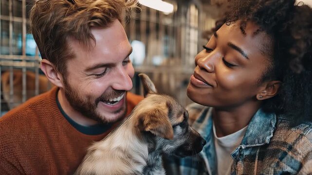 Happy couple bonding with their newly adopted puppy at the veterinary clinic during a warm afternoon visit