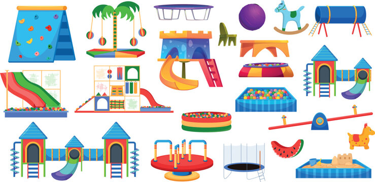 Kids Indoor Playground Elements Ball Pit Trampoline Carousel Playroom Vector Set