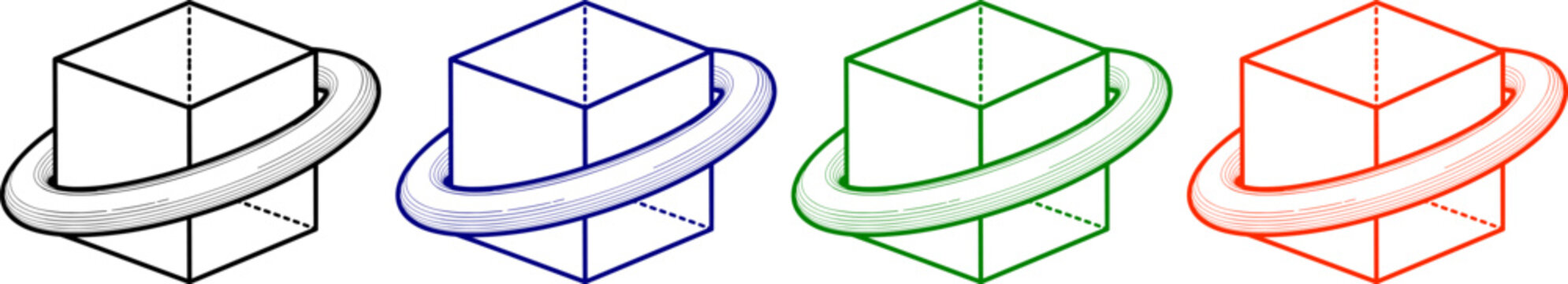 Set of four 3d cube rotating ring symbols in black blue green and orange isolated on transparent background