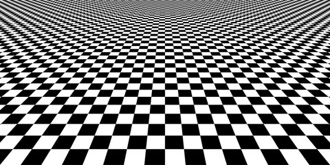 Naklejka premium Black and white checkerboard floor fading in perspective. Vanishing checkered tile pattern background. Vector vintage empty room stage checker floor. Retro horizontal chess board grid plane surface