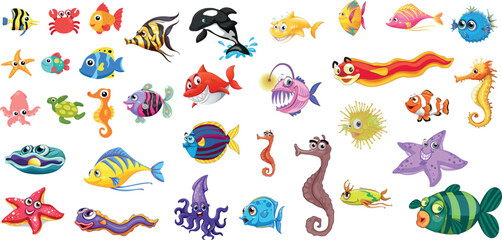 Obraz premium Sea Animals and Fish Collection Marine Life Ocean Creatures Vector Illustration Set