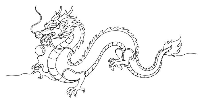 Continuous one line drawing of a Chinese dragon holding a pearl