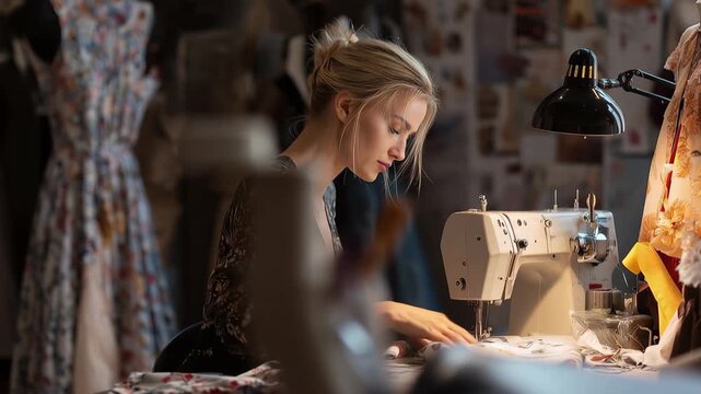 Female skilled dressmaker expertly sewing a fabric garment in a well-lit studio filled with fashion designs and sewing tools during the late afternoon hours