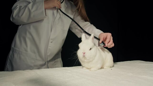 Female caucasian animal technician listens white rabbit on padded table under soft lighting. Gentle applying a stethoscope to fur by woman in medical coat. Calm pet care and disease testing