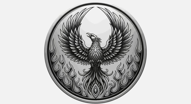 Majestic Phoenix Emblem with Spread Wings and Flames, Mythical Bird of Rebirth in Detailed Metallic Relief Style