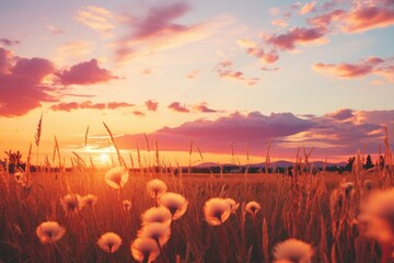 Fototapeta premium A picturesque sunset over a field of tall grass. Perfect for nature and landscape themes
