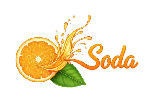 An orange slice with a splash of juice and the word soda on a transparent background