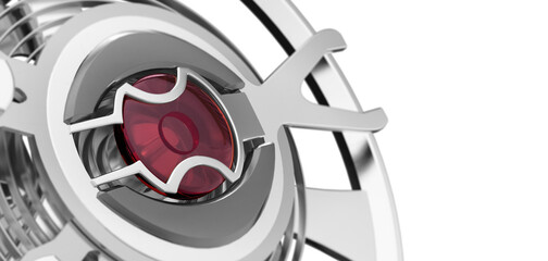 Mechanical watch movement macro with ruby jewel isolated on white background, precision engineering detail