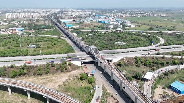 Aerial 4k view of RRTS Namo Bharat Train Running in Meerut, Uttar Pradesh, India