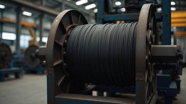 A detailed shot of a steel cable reel, part of a heavy-duty industrial machine in construction. 
