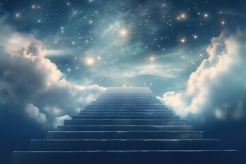 Fototapeta premium A picture of a stairway leading up to the stars in the sky. This image can be used to represent dreams, aspirations, and reaching for the stars