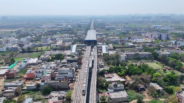Aerial 4k view of RRTS Namo Bharat Train Running in Meerut, Uttar Pradesh, India