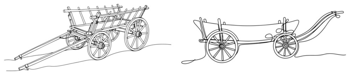 Fototapeta premium Traditional wooden carts and vintage farm wagons drawn in a minimalist one line art style