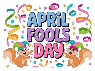 Fototapeta premium April Fools Day Playful Character Illustration with Cute Squirrels Exchanging Gifts and Jester Hats for Kids Brand Holiday Promotion
