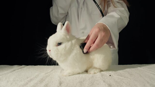 White cozy rabbit examined by hand of female caucasian veterinarian technician in lab coat. Gentle stethoscope check on towelcovered table and listening to the heartbeat. Preventive examination