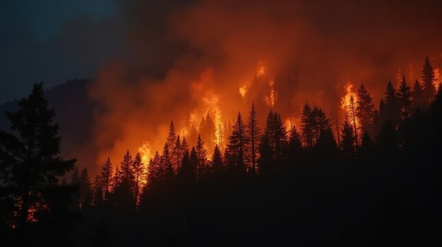 Intense forest fire at night with flames engulfing trees and thick smoke billowing 
